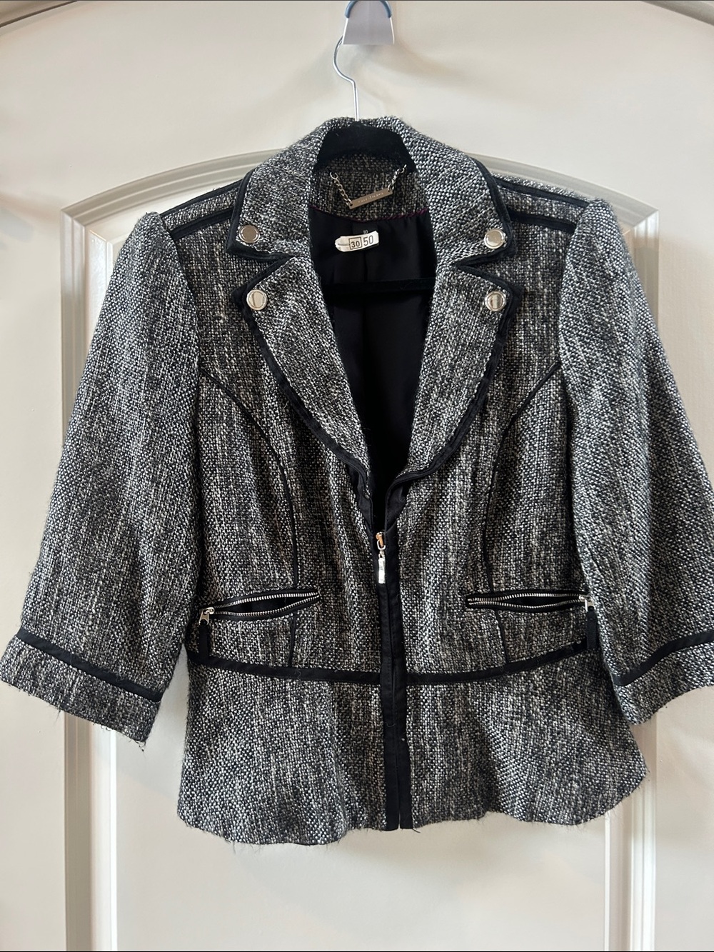 White House Black Market Black & White Tweed Zip-Front Blazer